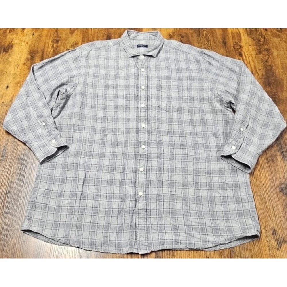 Proper Cloth Positano Grey Plaid Italian 100% Linen Button Up Men's Size 2XL